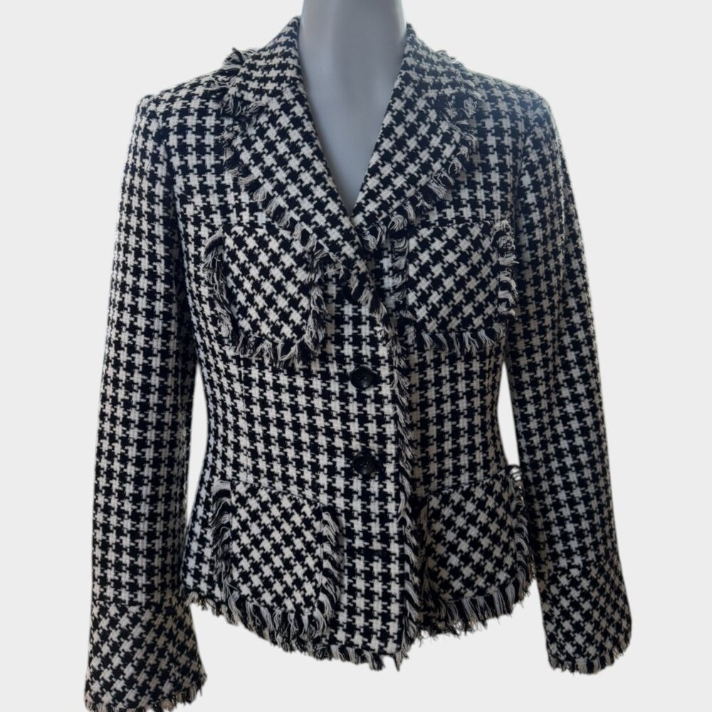 Size 10 Black & White Houndstooth Tweed Blazer Jacket